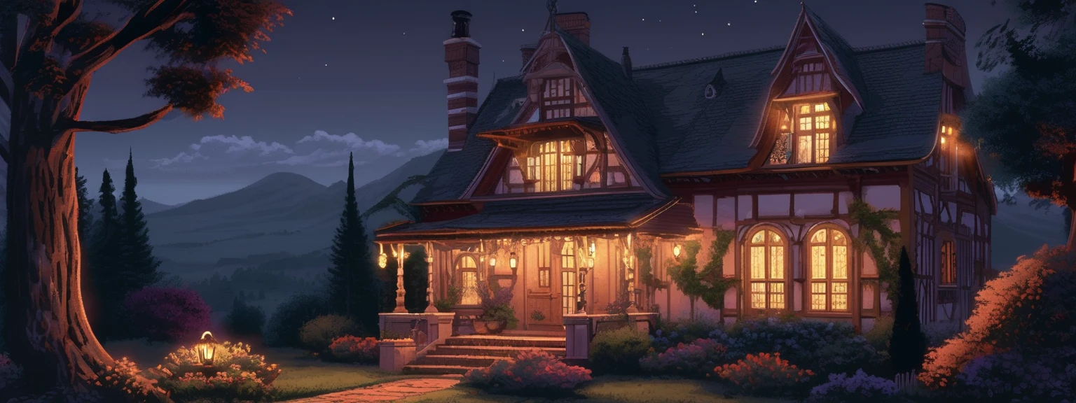 Exterior of an old and fancy homestay at night, kind of gothic style, with a beautiful garden illuminated by soft, warm lighting. The house has an elegant and historic design, with intricate details and glowing windows that add a cozy, inviting atmosphere. The garden features lush greenery and delicate flowers, subtly visible under the moonlight. The scene has a beautiful color drawing style, with the lighting creating a soft, atmospheric glow that enhances the tranquility and charm of the setting. lcas artstyle