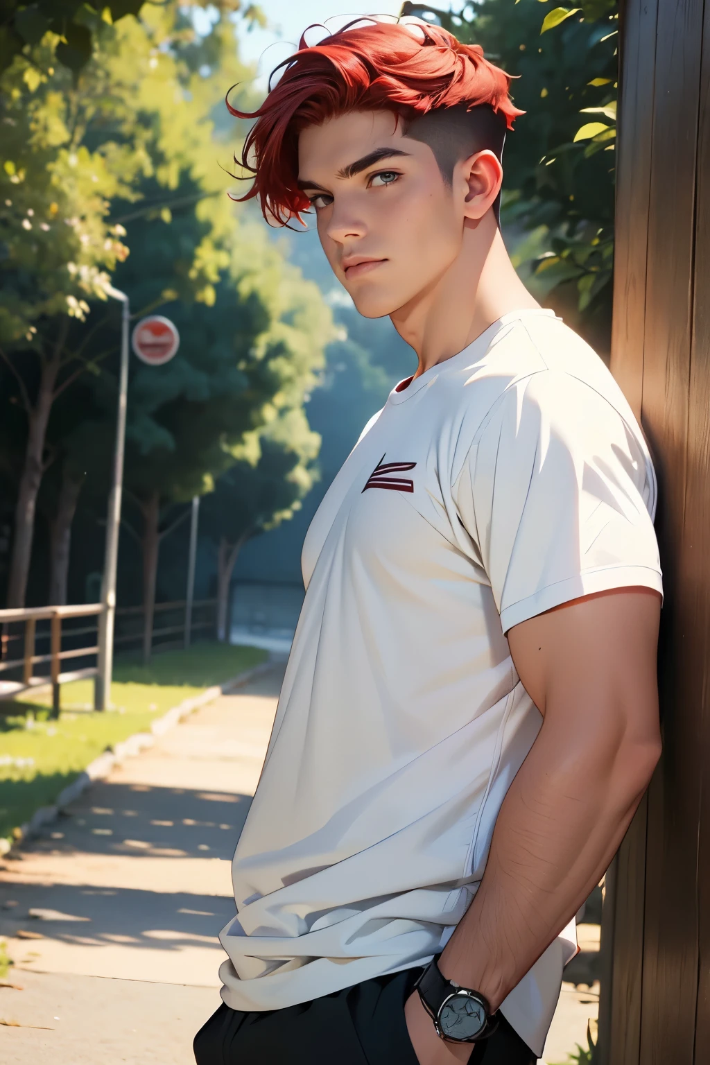 Teen male posing, (skinny body), 16yo, atmospheric, cute masculine square face, white red hair, dead inside, bokeh, background blur, chromatic aberration, tight boxerbriefs, veined body, full body view, front view, (side view)