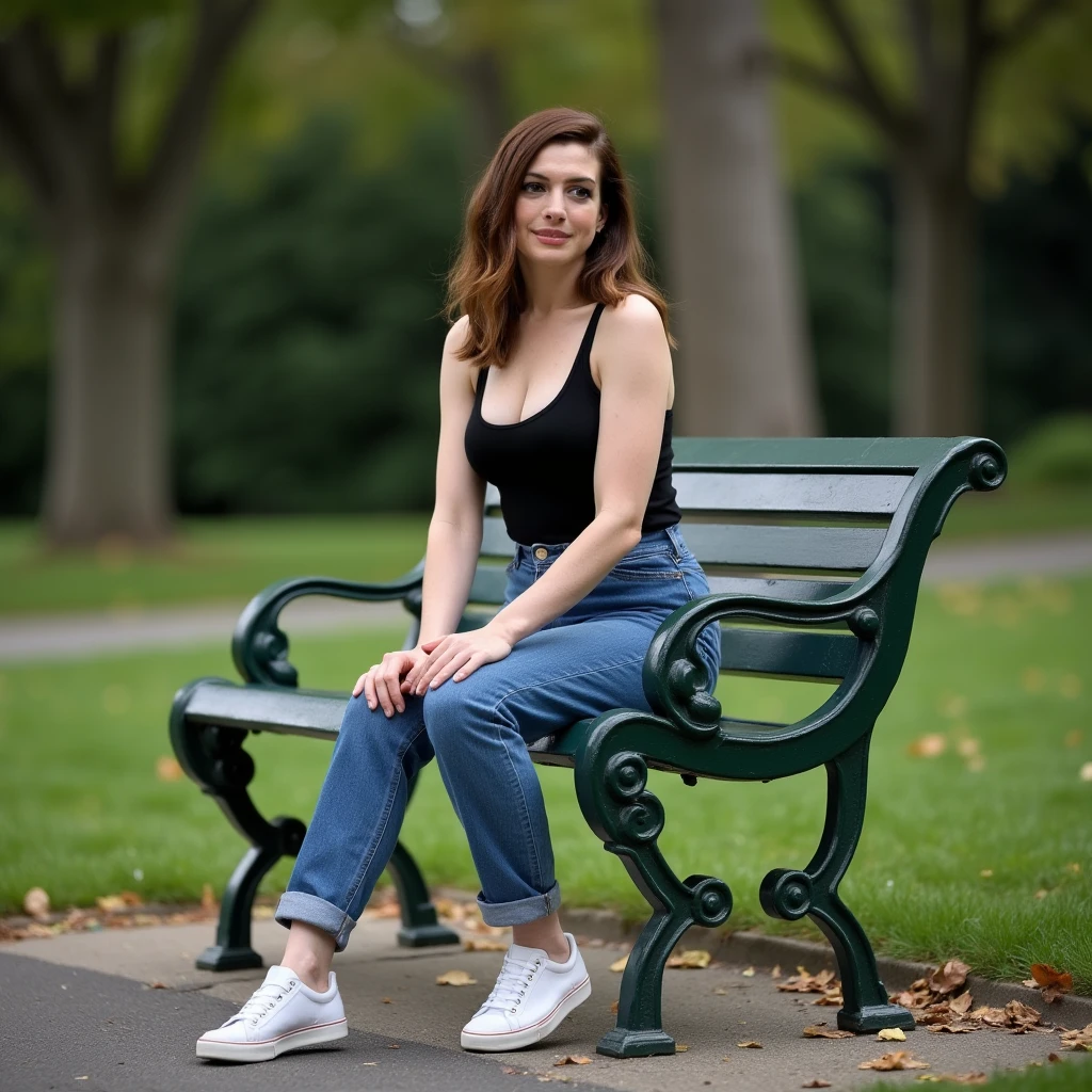 AnneHathawayFlux sitting on a public park chair with her legs crossed, wearing a high rise tight blue jeans and a black tank top with visible cleavage, she has a slight smile on her face, full body image, wearing white sneakers shoes, artistic lighting
