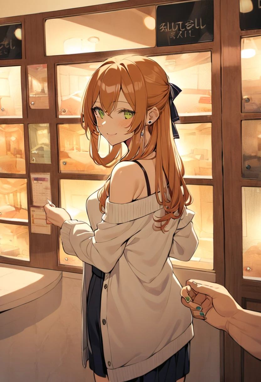  1 boy ,  1 girl , Springfield \(Girls&#39; Frontline\), Girls&#39; Frontline,  mature woman, Ginger Hair, Long Hair,  Black Stud Earrings with Green Eyes Detailed ,  eyeliner ,  sweater,  off-shoulder , Bare shoulders,  skirt, nail,  Solo Focus , Subjective hand, Looking Back,  look at the viewer,  reach out to viewers holding someone else's wrist, 他人の手首を持っている, Mischievous face, smile, indoor, heyapanel,  Love Hotel, Front Desk, scenery, indoor,  beautiful lighting, masterpiece,  best quality, 