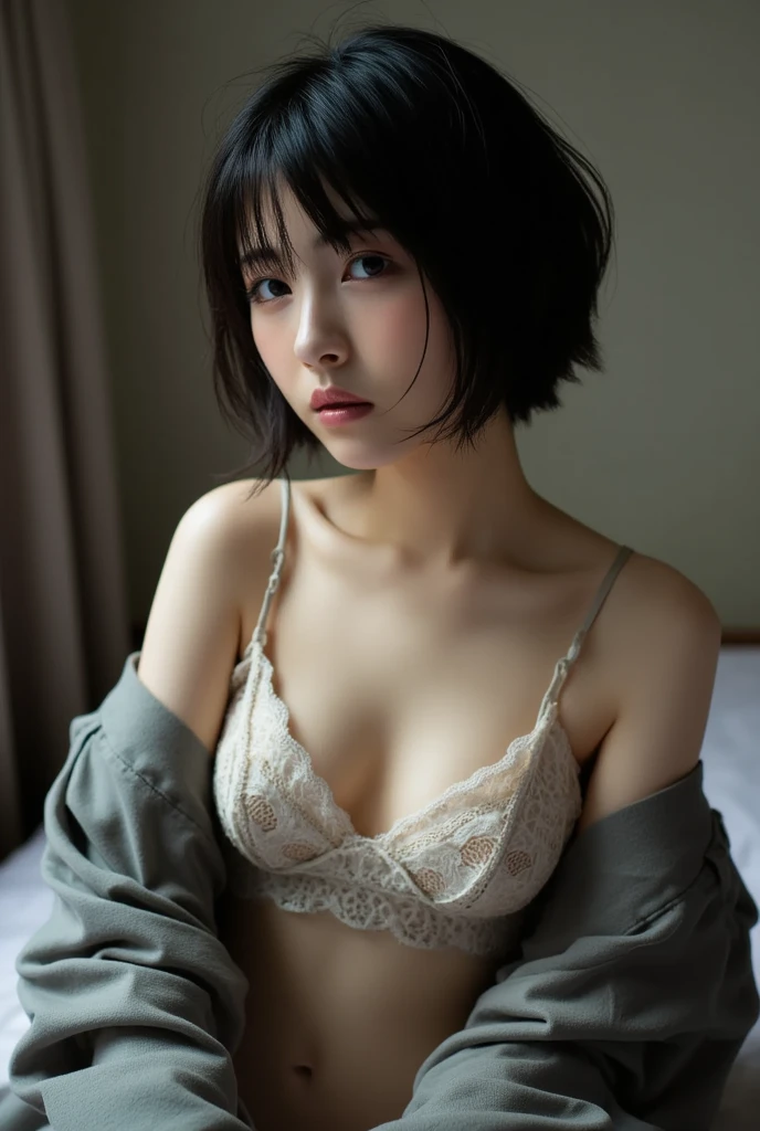  absurdres,, ( 1 girl :1.2),  ( abs:1.23),Huge_chest:1.5、unity dynamism,She looks away,  loose fit garment、 blurry background、Sagging chest、(close-up:1.55)、Photographically、Japanese、  Japanese Beauty、 very short hair、Girlish、 selfie 、Selphy:1.8、underwear、 lace bra 、
