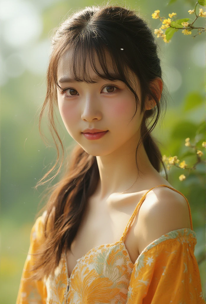 1 girl, (Wearing casual clothes for spring:1.2), Very beautiful Japanese idol portraits, 
(Raw photo, highest quality), (realistic, Photoreal:1.4), (masterpiece), 
very delicate and beautiful, very detailed, 2k wallpaper, wonderful, finely, Very detailed CG Unity 8K wallpaper, Super detailed, High resolution, soft light, 
beautiful detailed girl, long hair with bangs ,very detailed beautifully detailed nose, beautifully with fine eyes, cinematic lighting, 
(In the Garden:1.3), (parted bangs), 
complete anatomy, slender body, small breasts, ((smile & posing)),