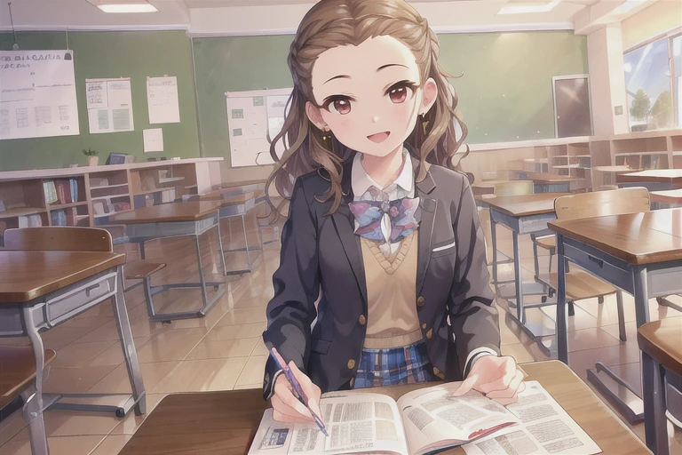 cute girl,  super detailed eyes,  super detailed,  Highly Detailed CG, masterpiece,  best quality,  Highly Detailed CG, (Soft Shadows), (非常に上質in美しい:1.8),  Dynamic Poses ,  cowboy shooting alone, Seats Hiromi , wavy hair,  1 girl , red eyes,  blazer, Books, bow, bowtie, brown_hair, chair, classroom, machine,  earrings for a woman alone,  eraser , indoor,  jacket,  jewelry, length_hair, Watching_in_ viewer, noteBooks, open_Books, open_mouth, paper, pen, pencil, pencil_case, Check pattern, Check pattern_bow, Check pattern_ skirt, School, School_chair, School_machine, School_uniform, Sheet_music,  sitting ,  skirt, smile, Alone 