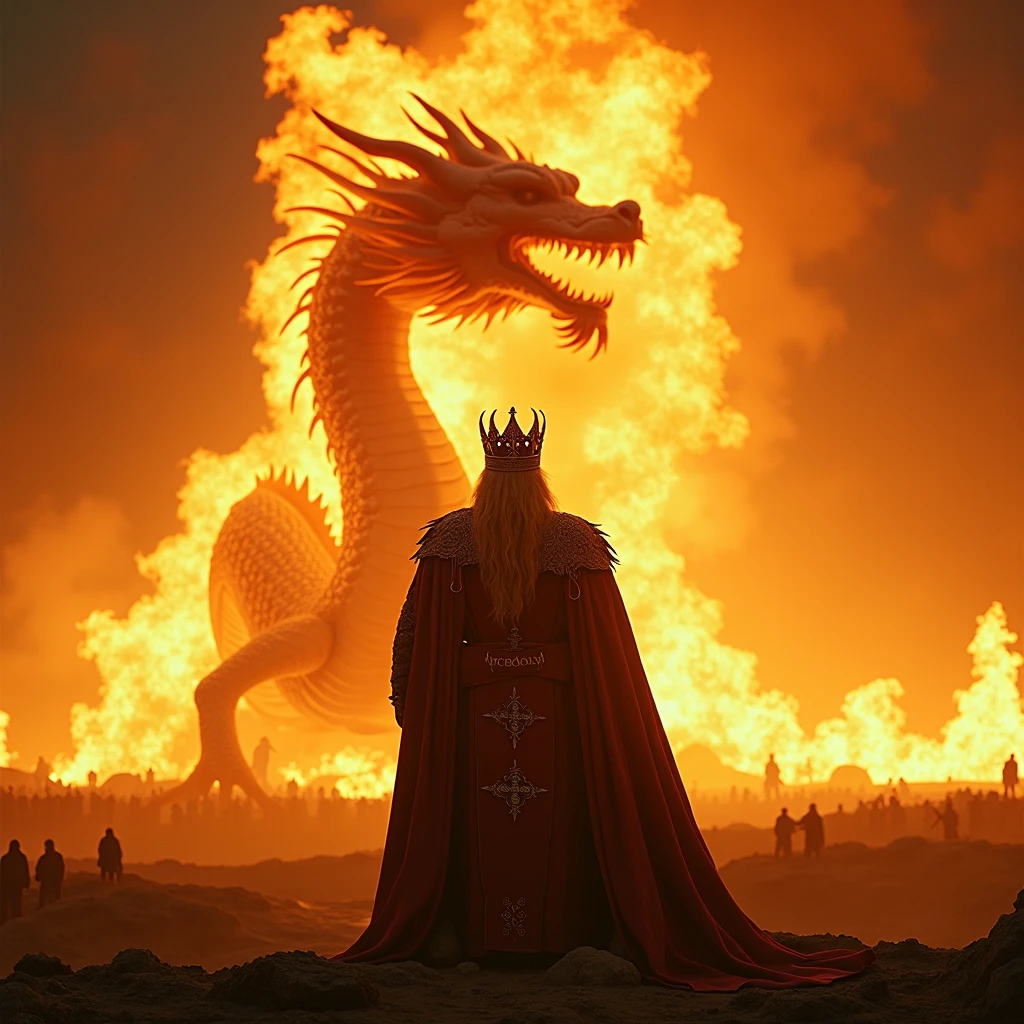 a blend of light and darkness, the knight sits on a flaming throne and is accompanied by a fire dragon
