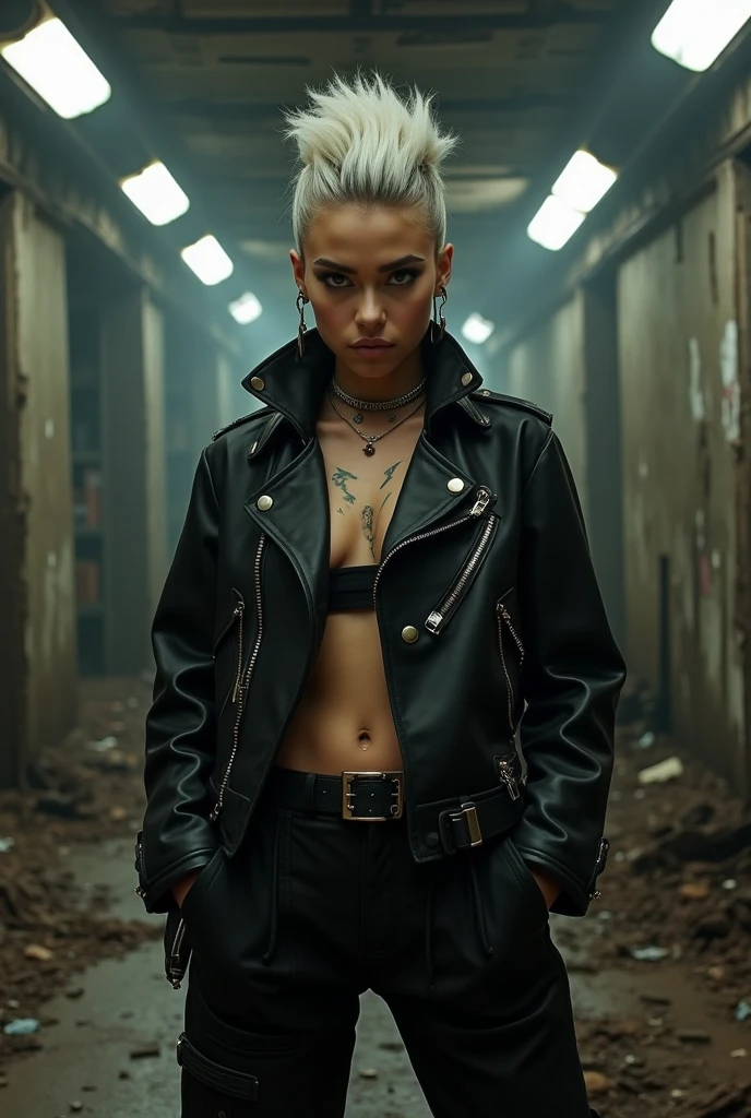 russian old milf woman, grey hair (male high quiff with shaved sides) with very light blue eyes, extremely pale. Wearing  cropped black moto jacket (with side zippers and pins), undersized burgundy and white lace push up bra with white seams , dark skinny stone washed blue jeans (with white seams) and pointy silver Chelsea boots with cuban heels . Lots of metallic bracelets and collars. Tacky wide studded leather belt (with oversized skull and bones huge buckle). Long bohemian earrings. Kneeling like in a payer, looking at the camera, humble facial expression. Hands on her knees, showing off bracelets and rings. studded black leather tote bag with chains on the floor, next to her..  Listening in amazement to somebody speaking to her with tilted head, well toned abdominals, thin neck, slim legs and thin arms. Tattoed heavily.  In a church: a lot of people around outraged. next to her, all her belongings on the floor. 