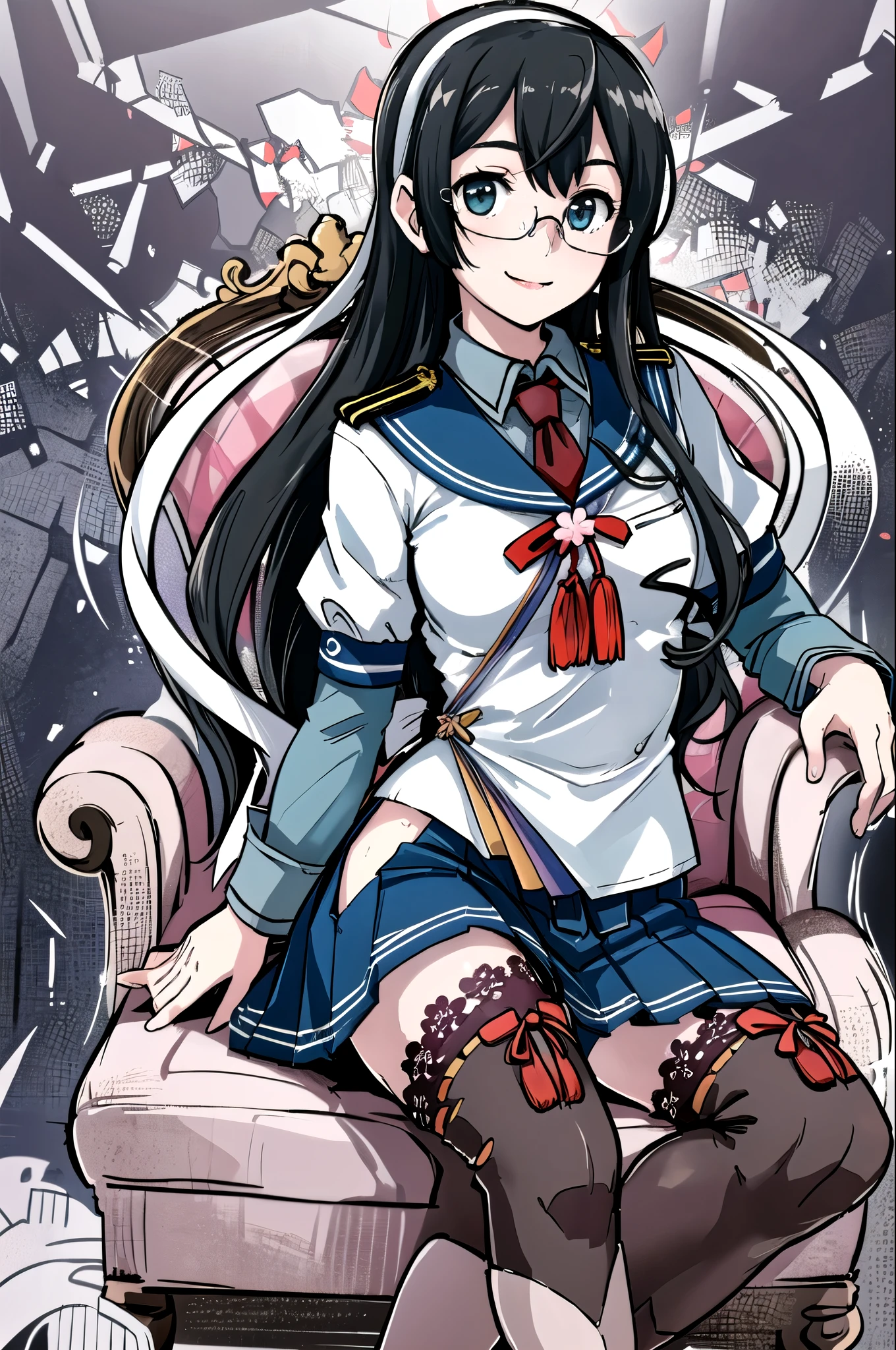 (masterpiece), (  best quality ), ( very detailed), Realistic, (Best Illustrations), ( very delicate and beautiful ),  one girl who is at ease, Alone,  \( fleet collection \),  whole body,  blue skirt , Seraphim,  blue sailor color,  red tie , short over  Long Sleeve ,  Long Sleeve , ( red ribbon :0.9), ( red ribbon ), Floral decoration, Lick the boy's penis with half-framed glasses , Long Hair,  black hair,  gray hair band, (( white ribbon)),  hip vent, Thigh boots,  ribbon trim legwear, ( lace trim legwear ), Red cord,  sitting in an armchair , decorative armchair ,  detailed indoor office  (the above:0.8), smile