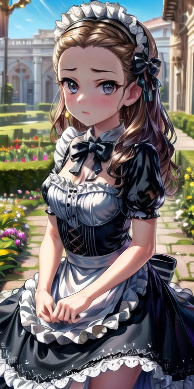 (masterpiece),  best quality, (((  super detailed , 8K quality))),  's expressive eyes ,  perfect face, perfect anatomy,  perfect body for a lawn, scene, walnut \(Alcohol backlash\),Long Hair, black hair band,  hair bow ,amount,  small breasts,Maid, Maid headdress,  B in a capella , garden,  standing,  skirt hold ,