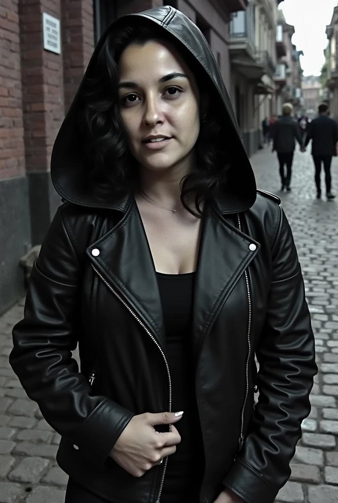 a beautiful woman leather jacket, highly detailed, hyperrealistic, photorealistic, 8k, best quality, intricate details, cinematic, moody, somber, dramatic, chiaroscuro lighting, dramatic shadows, sharp focus, realistic skin texture, detailed facial features, pensive expression, hooded figure, dramatic pose, cinematic atmosphere, dark and moody, gritty and realistic