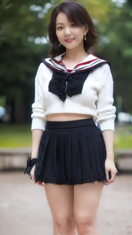 full body shot, from below,  japanese mature,  detailed face , Facial wrinkles, smile,  detailed skin texture ,  white skin, curvy body, (rebellion, red_skirt, micro miniskirt, school uniform, black_Bra, underwear, Lingerie, midriff, red_sailor_collar, earrings:1.2), ( wearing a sweater :1.2), ( full body shot from toe to head wearing black high heels,  standing in the park:1.2), ( surrealism, best quality, ultra detailed, absolutely resolution, 8k, anatomically correct), depth of field, looking at viewer, tachi-e, (bimajo ), (And)