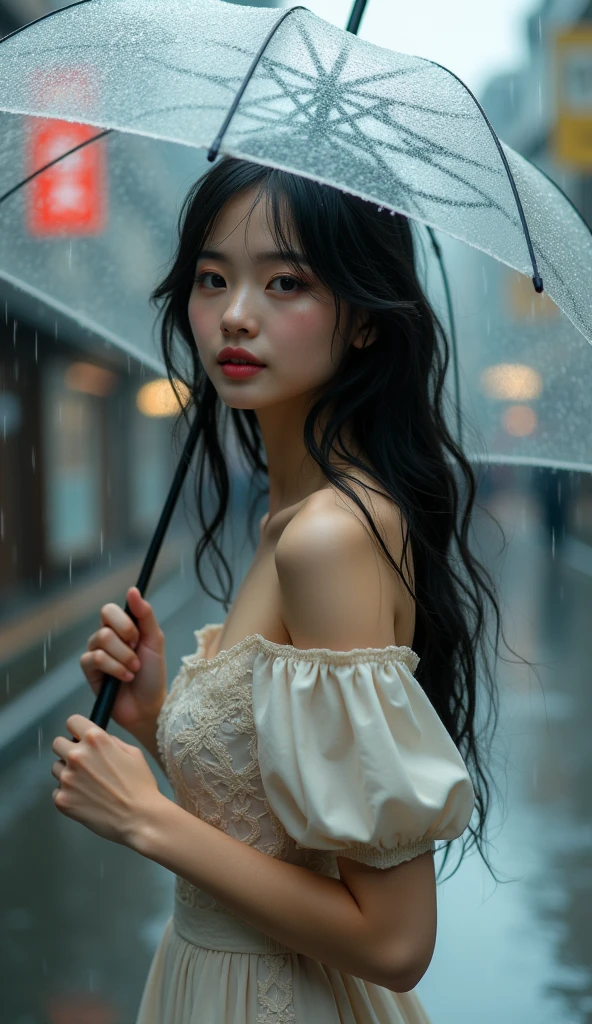 araffe woman in white dress standing in the rain in the city, pretty girl standing in the rain, after rain and no girls, by Zhang Han, like tears in rain time to die, raining portrait, chinese girl, by Ye Xin, rainy mood, just after rain, a young asian woman, raining, realistic. cheng yi, an asian woman