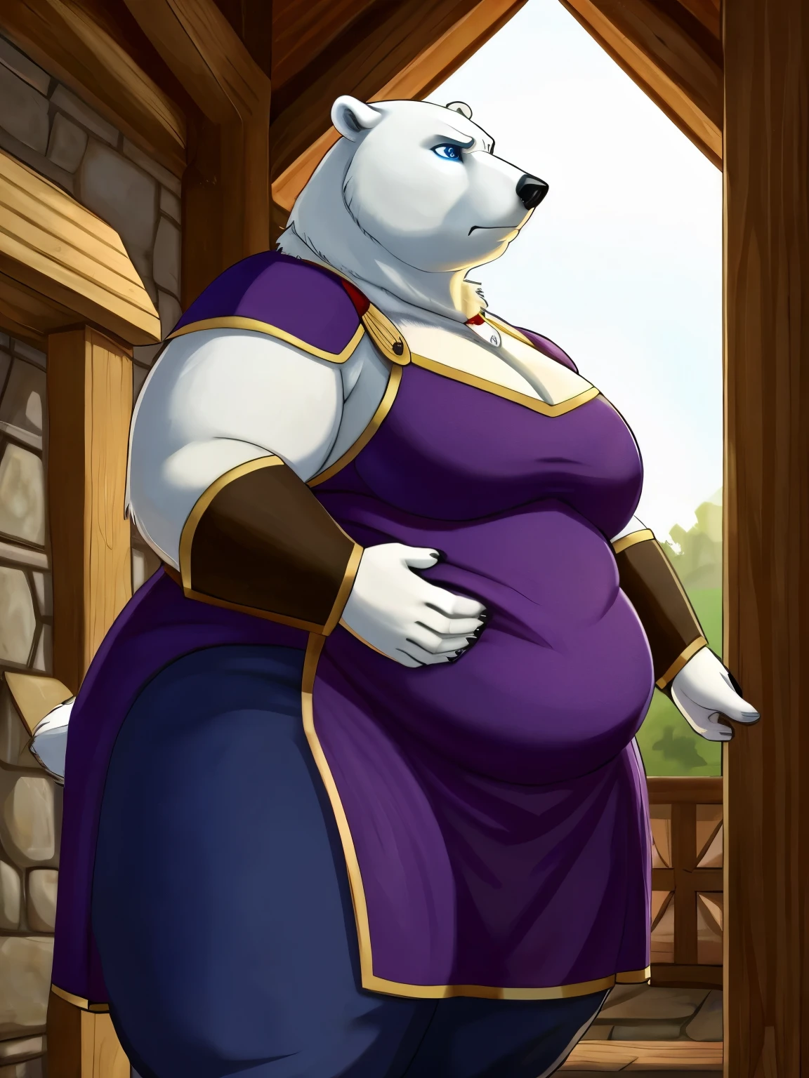 female, polar bear, fat, obese, massive hips, thick thighs, blue eyes, guard wench dress and pants, stern expression, standing guard, medieval cottage, irritated, hand on belly, frustrated, guard outfit,