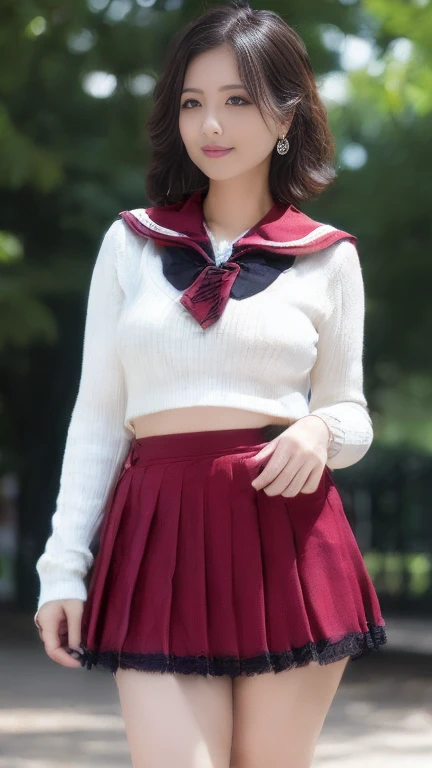 full body shot, from below,  japanese mature,  detailed face , Facial wrinkles, smile,  detailed skin texture ,  white skin, curvy body, (rebellion, red_skirt, micro miniskirt, school uniform, black_Bra, underwear, Lingerie, midriff, red_sailor_collar, earrings:1.2), ( wearing a sweater :1.2), ( full body shot from toe to head wearing black high heels,  standing in the park:1.2), ( surrealism, best quality, ultra detailed, absolutely resolution, 8k, anatomically correct), depth of field, looking at viewer, tachi-e, (bimajo ), (And)