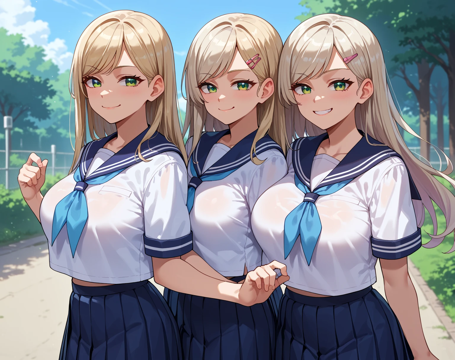 {{score_9, score_8_up, score_7_up, score_6_up, score_5_up, score_4_up, source_anime}} outdoors, school, 2girls, cowboy shot, looking at viewer, platinum blonde hair, swept bangs, long hair, pink hairclip, green eyes, large breasts, serafuku, sailor shirt, blue neckerchief, pleated skirt, smug,