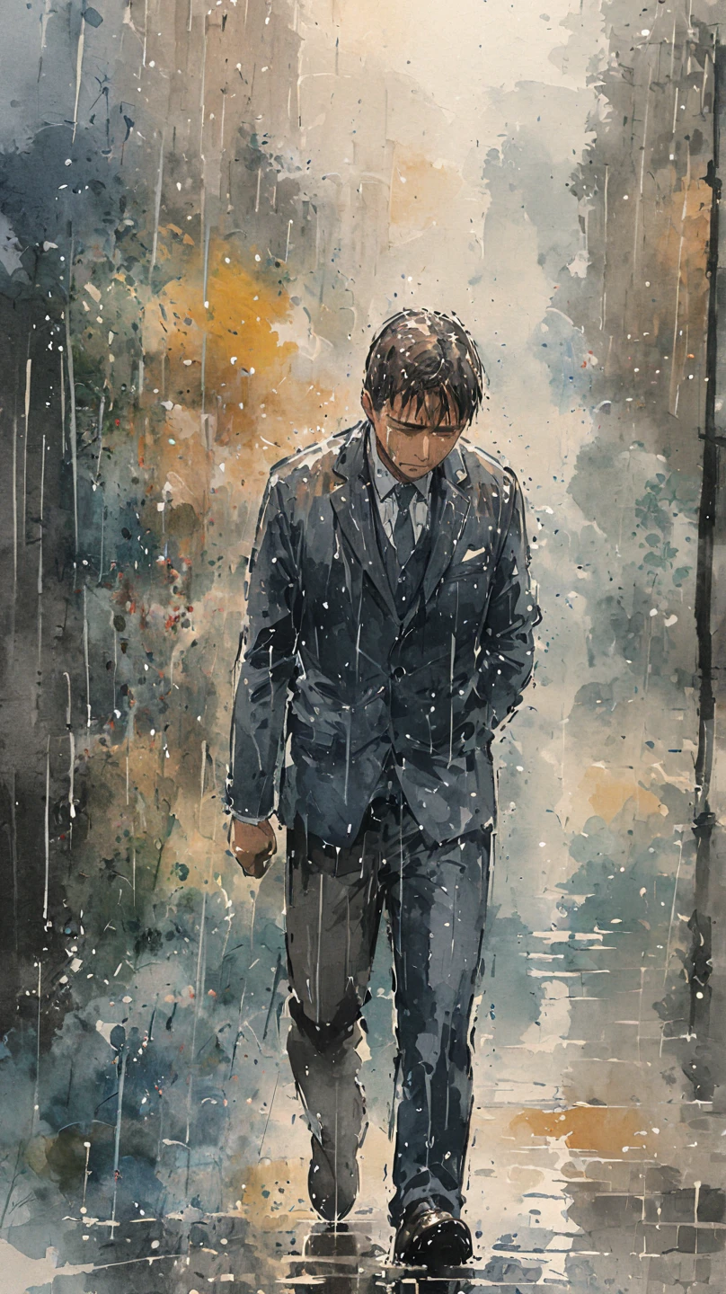 watercolor painting of a man in suit in the rain. full body shot of the man who is soaked under the rain. he tilts his head up to face the rain, the rainwater flows down his face. he is walking in the street, holding his hands out to feel the rain. watercolor brushes stroke painting style. the sky is dark.