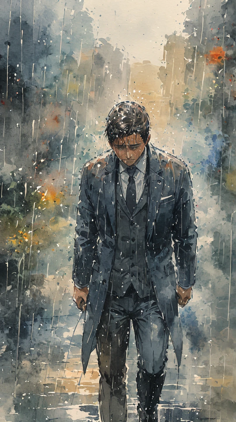 watercolor painting of a man in suit in the rain. full body shot of the man who is soaked under the rain. he tilts his head up to face the rain, the rainwater flows down his face. he is walking in the street, holding his hands out to feel the rain. watercolor brushes stroke painting style. the sky is dark.