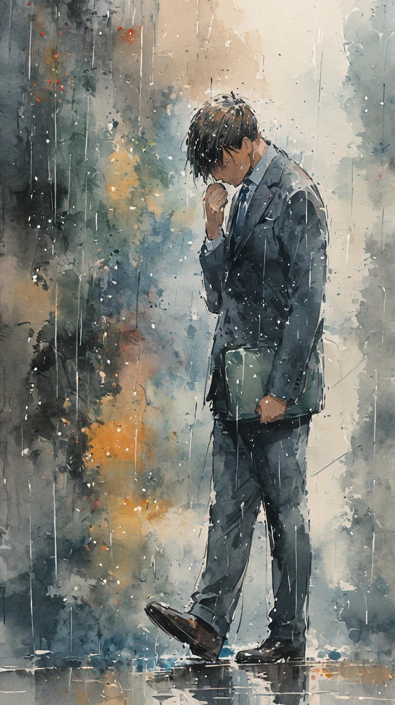 watercolor painting of a man in suit in the rain. full body shot of the man who is soaked under the rain. he tilts his head up to face the rain, the rainwater flows down his face. he is walking in the street, holding his hands out to feel the rain. watercolor brushes stroke painting style. the sky is dark.