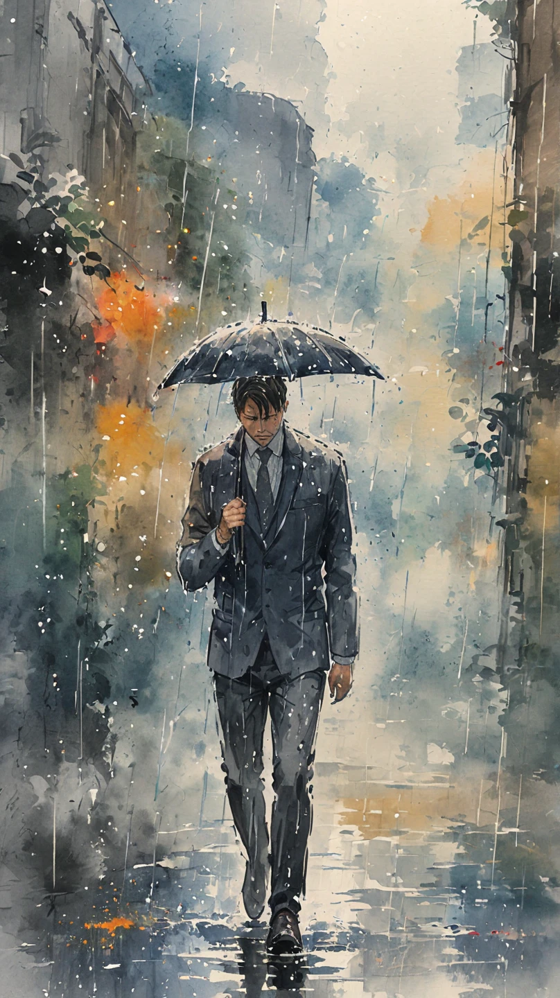 watercolor painting of a man in suit in the rain. full body shot of the man who is soaked under the rain. he tilts his head up to face the rain, the rainwater flows down his face. he is walking in the street, holding his hands out to feel the rain. watercolor brushes stroke painting style. the sky is dark.