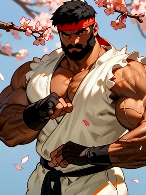 (masterpiece, best quality:1.2), solo, male focus, 1boy, HotRyu (sf6), old, serious, closed mouth, white skin, looking at viewer, black hair, (black beard), detailed face, tall, hunk, muscular, wide shoulder, big physique, wearing a sash, white Dougi pant, red headband, fingerless gloves, cherry blossom in the background, high detailed, bright lighting