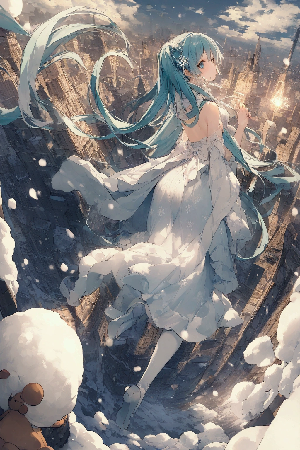  Hatsune Miku, Age 19 、 Fight a brown bear bigger than a real building 、ヒグマに向かって夕張メロンを投げつける Hatsune Miku、  Snow Dress and Snow Muffler  、  Snowflake Aura only around the body 、 Hatsune Mikuと共に闘う仲間には意志を持ったリアルな雪だるまと凛々Shiiキツネとクールな鹿、Snow effect 、god々Shii、   The background is a city lined with buildings invaded by ice and snow 、 Fantastic and Unreal World 、Ice Tower、16k、  ultra high resolution 、  super detailed、  Super Resolution、  Low Angle Full Body Shot  、 silhouette in the shape of Hokkaido at the back of the upper center、 the whole is sparkling 