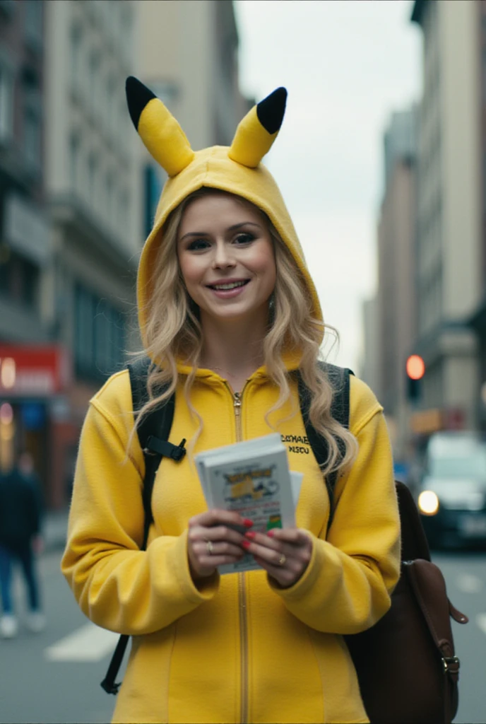 a high quality image of reality where [st4rl1ght] in a Pikachu costume distributes [flyers], realistic, candid photography, street style, urban setting, daytime, low angle shot, colorful, vibrant, promotional event, public relations, marketing campaign, casual attire, outdoor, natural lighting, bustling cityscape, busy street, smiling expression, genuine interaction, promotional materials, cheerful, eye-catching, surreal juxtaposition, unexpected scene, celebrity in costume, attention-grabbing, blending fiction with reality. st4rl1ght