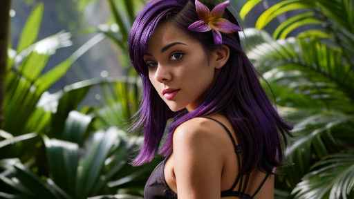 ((best quality)), ((masterpiece)), (detailed), perfect face, perfect hour glass figure, nude 27 year old goth girl with black hair with purple streaks worn in pig tails, lip piercings, nose piercing, ear piercings, seductively lustful stare, sly seductive grin, in a circular clearing in a forested area, legs spread, extreme low angle view, posing on all fours
