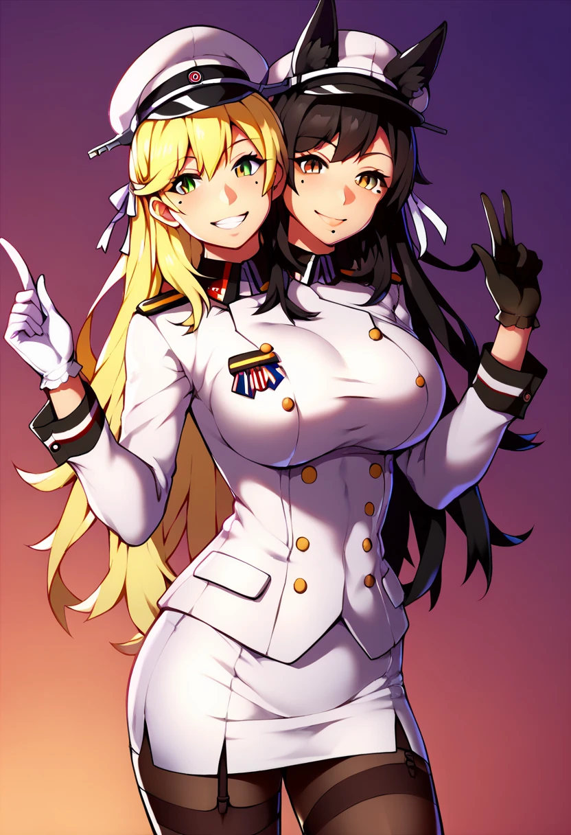 score_9_up, score_8_up, score_7_up,score_6_up, score_5_up, score_4_up , 1girl, solo, twoheads, 2heads, conjoined, ((2 different hairstyles)), ((SPLIT-COLOR HAIR)), ((black hair)), ((blonde hair)), atago, long hair, blonde hair, green eyes, atago (kancolle), large breasts, gloves, hat, pantyhose, black gloves, uniform, military, military uniform, aaatago, long hair, black hair, hair ribbon, animal ears, brown eyes, mole under eye, large breasts, military uniform, aiguillette, white jacket, long sleeves, white gloves, white skirt, side slit, garter straps, black thighhighs, flirting, cowboy shot, beach background