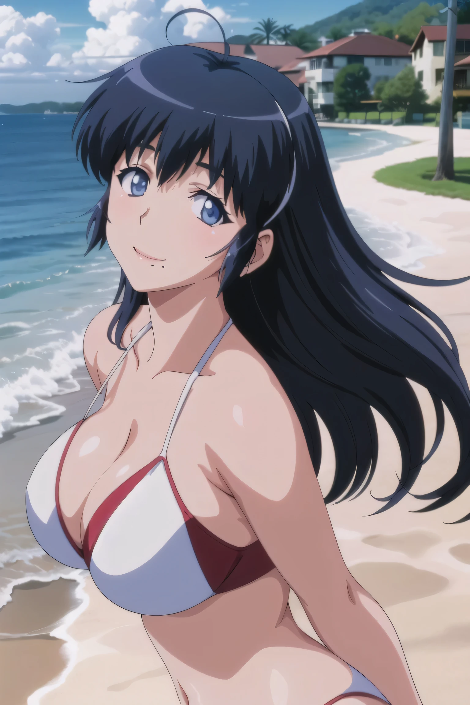 Ayumi too, masterpiece,  best quality,  high definition , 1990s \(  style  \), Smiling at the beach　bikini