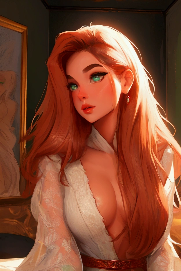 skini girl, yellow dress , (pale skin), blue eyes, white girl, deep red hair, ultra realistic, , large boobs, room background