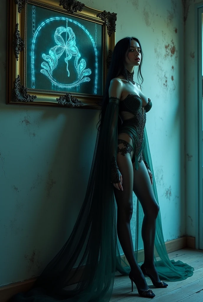 photorealistic girl lean back on plastered wall, an architectural design painting mounted on the wall, long flowing tulle scarf around neck, flawless legs and heels, wearing Victorian style bioluminescent haute-couture high fashion, high collar royal regalia, long black hair, dimmed lights, looking to viewer