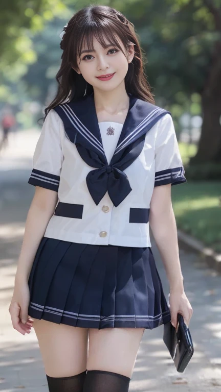 full body shot, from below,  japanese mature,  detailed face , Facial wrinkles, smile,  detailed skin texture ,  white skin, curvy body, ( school uniform,  sailor suit , JK_style, short-sleeved JK_sailor,  Navy Blue Pleated Mini Skirt, earrings,  Necklaces :1.2), (Short socks,  wearing loafers :1.2), ( full body shot from toe to head wearing black high heels,  standing in the park:1.2), ( surrealism, best quality, ultra detailed, absolutely resolution, 8k, anatomically correct), depth of field, looking at viewer, tachi-e, (bimajo ), (And)