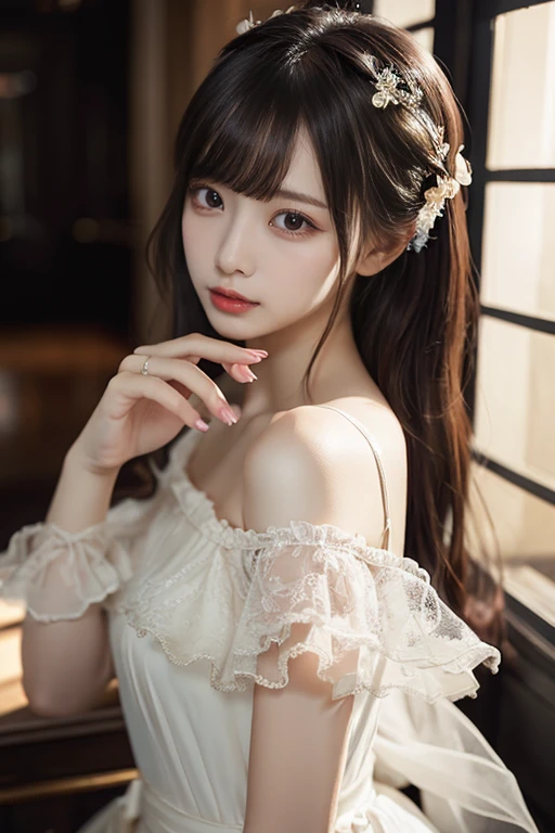 Elegant posture, She gently lifted her skirt with one hand,头发周围有白色的Butterfly兰,Lilac dendrobium、White Lily, Long legs , Deep in Wonderland, ((Flowing long hair))Official Art , Unity8k Wallpaper , Extremely detailed , Visible cleavage, Pretty and beautiful , 性感Long legs, masterpiece , best quality ,Practical, Very detailed illustrations ,Extremely detailed , Intricate details , Extremely complex and detailed , Very detailed 8KCG wallpaper , Caustics .reflection , Ray Tracing , Devil theme ,nebula ,Dark aura, Network Effects , (1 girl)solitary , 小蓝Butterfly , (Blue plasma flame , (insect , Butterfly)) Pastel tones in Rococo style ,Light white and light dark red , Incredibly beautiful , Cherry blossoms , Surrealism ,painting , Ethereal , Mixing reality and fantasy elements ,Ray Tracing , Complex Mode , Exquisite lines , Perfect your hands, Starry Sky , Colorful , Star