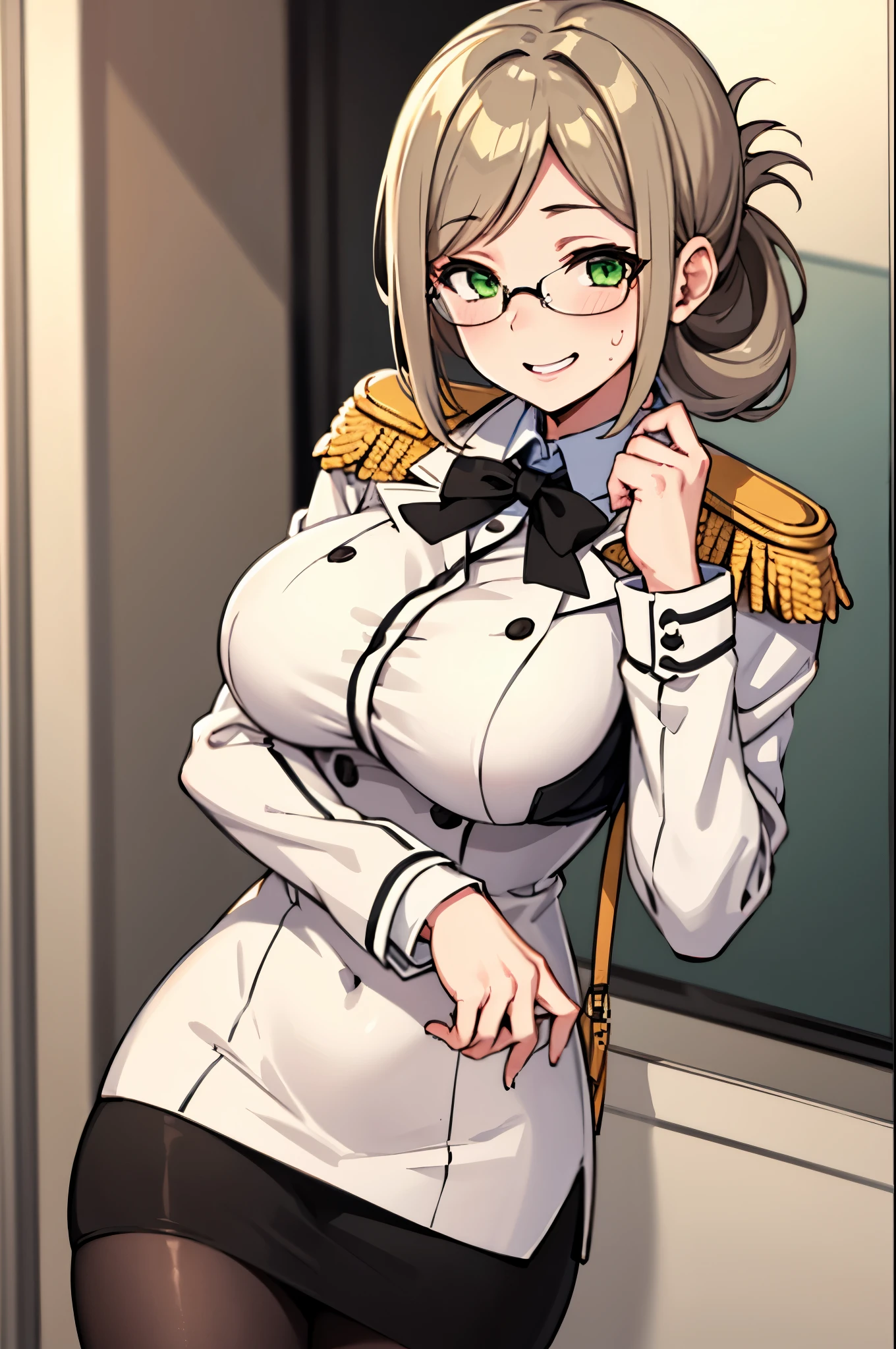   best quality ,  high definition ,  one girl who is at ease, Big Breasts, Katori \( fleet collection \),  light brown hair ,  putting together ponytail ,  split bangs , Green Eyes, Glasses, 縁なしGlasses, uniform, white jacket,Epaulettes, black tuxedo ,White handbag,  grey pencil skirt  ,  black pantyhose ,  black bra, ,  embarrassed , smile,  Show viewer , Good lift,   narrow his eyes 