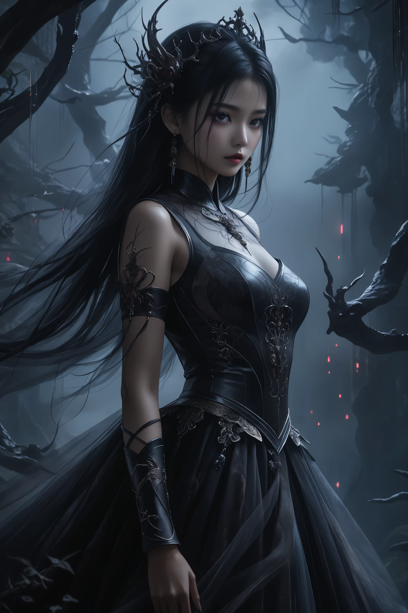 Wearing a black dress，Arad woman with sword and knife, dark fantasy style art, Inspired by WLOP, dark fantasy art style, dark fantasy mixed with realism, intricate wlop, dark fantasy art, Deviantart ArtStation CGSCOSIETY, portrait of a dark fantasy nymph, dark fantasy illustration, dark fantasy concept art, dark fantasy portrait