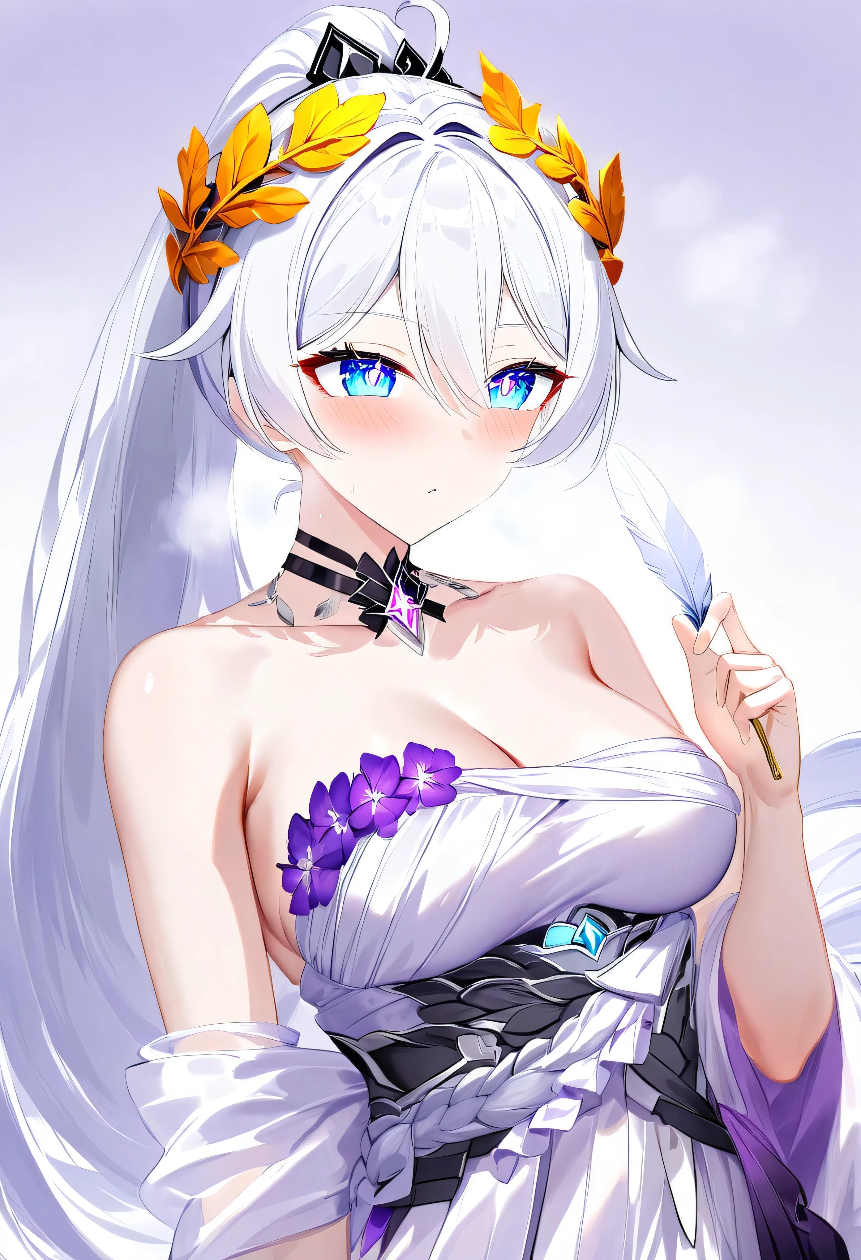 score_9, score_8_up, score_7_up, masterpiece, best quality, absurdres, vibrant, highly detailed, 1girl, adult grown woman, kiana kaslana \(honkai impact 3rd\), herrscher of finality, white hair, ahoge, ponytail, very long hair, blue eyes, symbol-shaped pupils, blush, heavy breathing, elegant draped toga, (ancient Greek style:1.4), golden laurel crown, holding feather, holding, feather