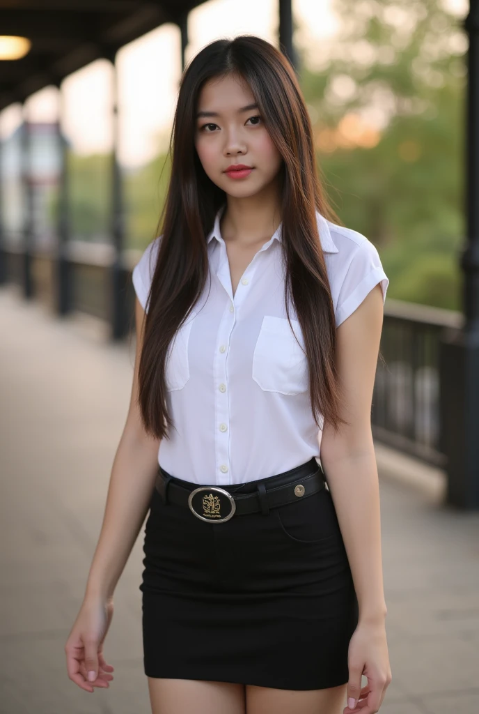 Best quality, full body portrait, delicate face, pretty face, 25 year old woman, slim figure, small bust, OL uniform, office clothes, black stockings, outdoor scene, sitting position, japanese woman, 8K, cinematic