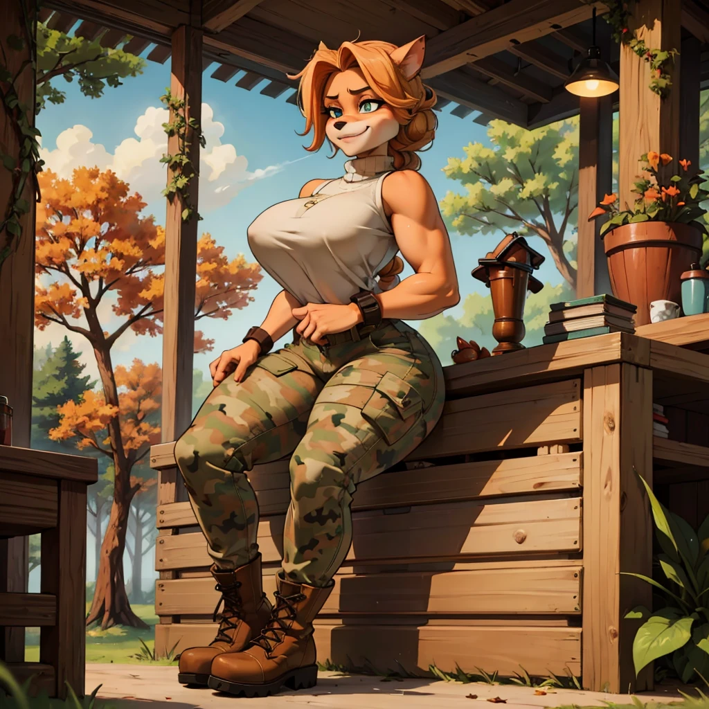  sancy, Futanari anthro bandicoot girl redhead,  braided hair, beautiful green eyes, sexy, , relaxing sexy moment, seductive, kiss,warm sweater, camouflage pants, army boots, , Cozy autumn atmosphere, , the forest, autumn , Girl in sweater, , camouflage trousers, army boots, furry anthro bandicoot, seductive facial expression wide grin , hands to pants, Pants, dynamic pose,