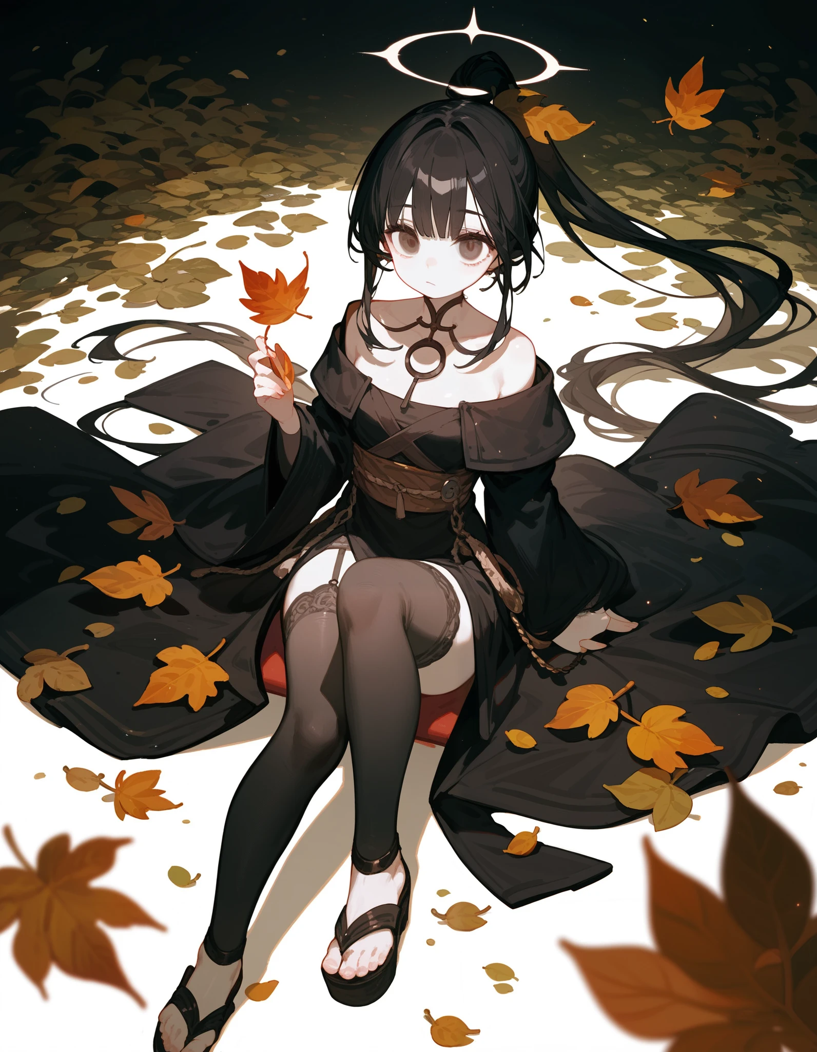 Solomon,White skin,2-sided ponytail,Black hair,In copper eyes, Long Black Robe , put on long black stockings,Sandals , with leaves on the head ,Dark circles under the eyes, medium chest