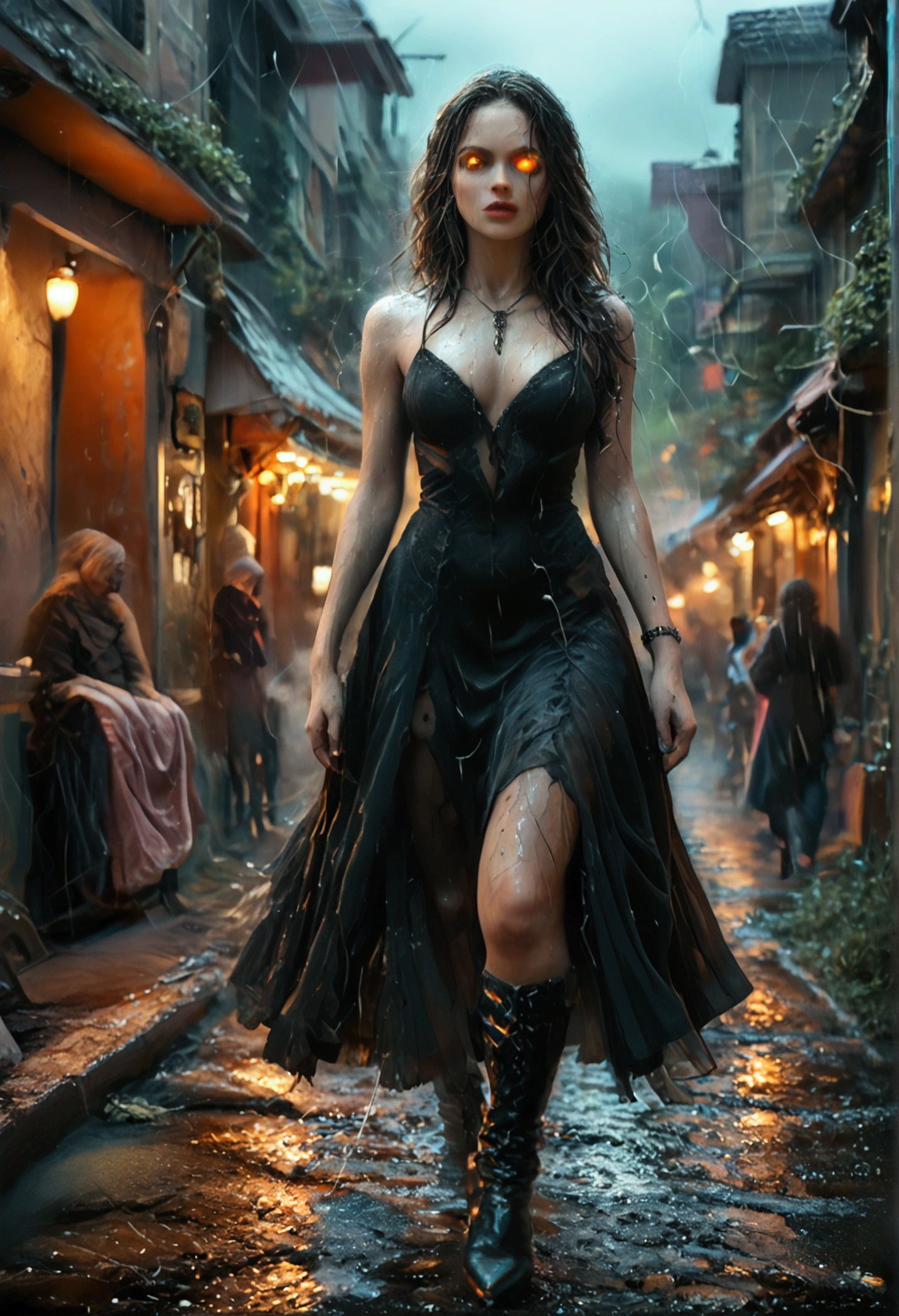 score_9, score_8_up, score_7_up, score_6_up, score_5_up, score_4_up, a comic art picture a beautiful mature female vampire walking in the street at night,  wearing white and black dress, intricate dress, high heel boots, dynamic hair color, glowing eyes, wet face, wet hair, it is night time, storm clouds, heavy rain, lightning in the sky, best quality, highres,16k, (ultra detailed:1.3), masterpiece, best quality, (extremely detailed), ultra wide shot, photorealistic, RAW, fantasy art, dnd art, fantasy art, realistic art,((best quality)), ((masterpiece)), (detailed: 1.5), vampire teeth