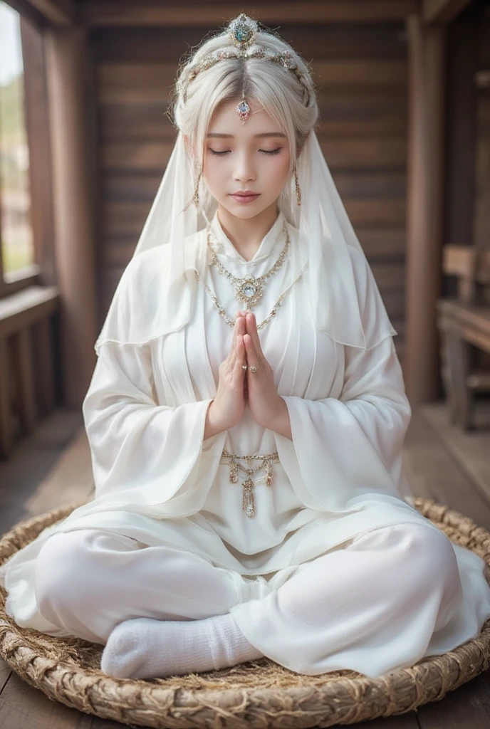 (1 female Bodhisattva: 1.4) sitting on round straw mat, (Indian style: 1.3), sitting on round straw mat, (round straw mat: 1.3), (meditation pose: 1.3), (raising hands, crossed hands , Prayer posture: 1.3), dignified and beautiful, wearing (white silk Buddha clothes: 1.3), (white silk: 1.3), having (white hair: 1.2), (good: 1.2), French braid, white transparent veil, futon , close your eyes, jewelry, necklace, (prayer beads:1.2), (white cloth shoes), white socks, (go to love:1.2) (((veil)))girl
mask
chain
face chain
veil
