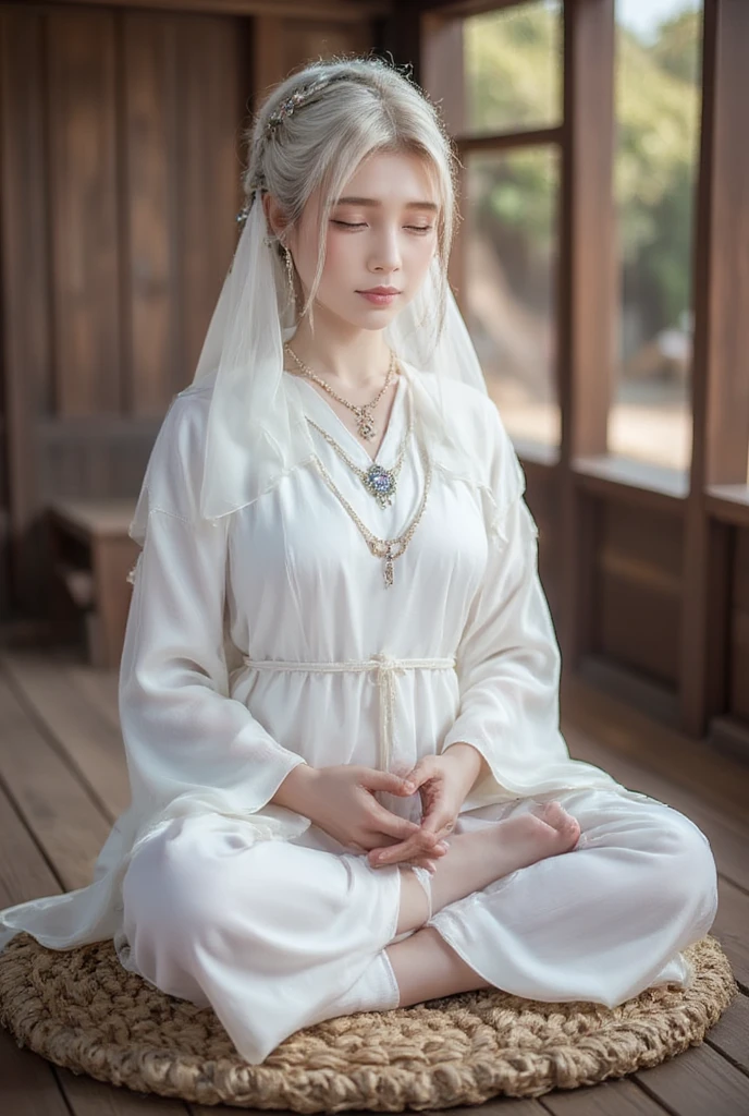 (1 female Bodhisattva: 1.4) sitting on round straw mat, (Indian style: 1.3), sitting on round straw mat, (round straw mat: 1.3), (meditation pose: 1.3), (raising hands, crossed hands , Prayer posture: 1.3), dignified and beautiful, wearing (white silk Buddha clothes: 1.3), (white silk: 1.3), having (white hair: 1.2), (good: 1.2), French braid, white transparent veil, futon , close your eyes, jewelry, necklace, (prayer beads:1.2), (white cloth shoes), white socks, (go to love:1.2) (((veil)))girl
mask
chain
face chain
veil
