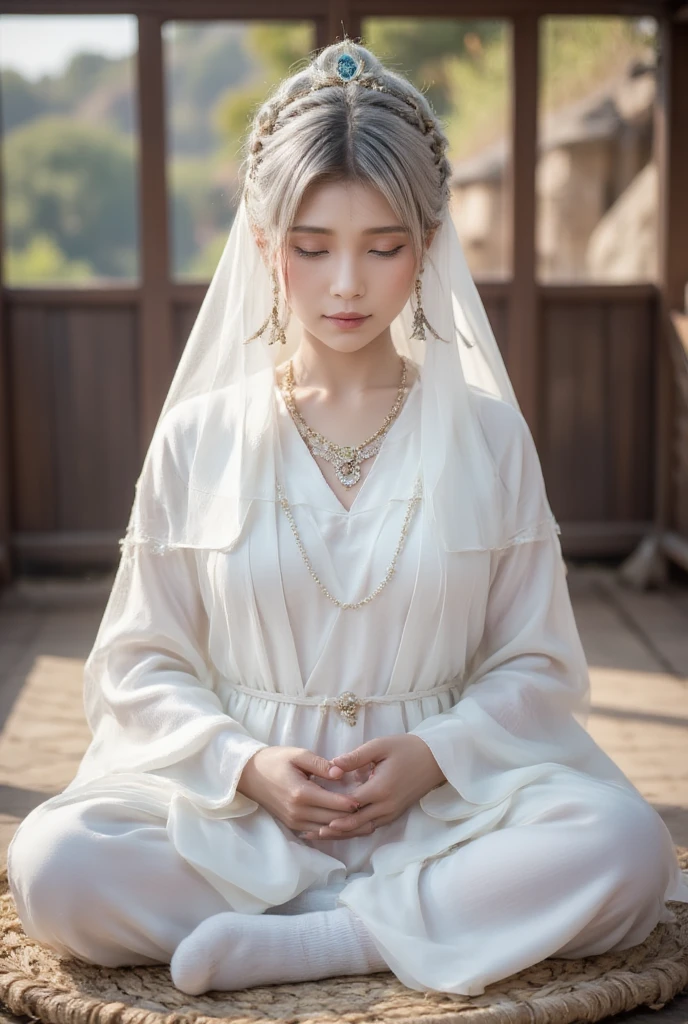 (1 female Bodhisattva: 1.4) sitting on round straw mat, (Indian style: 1.3), sitting on round straw mat, (round straw mat: 1.3), (meditation pose: 1.3), (raising hands, crossed hands , Prayer posture: 1.3), dignified and beautiful, wearing (white silk Buddha clothes: 1.3), (white silk: 1.3), having (white hair: 1.2), (good: 1.2), French braid, white transparent veil, futon , close your eyes, jewelry, necklace, (prayer beads:1.2), (white cloth shoes), white socks, (go to love:1.2) (((veil)))girl
mask
chain
face chain
veil
