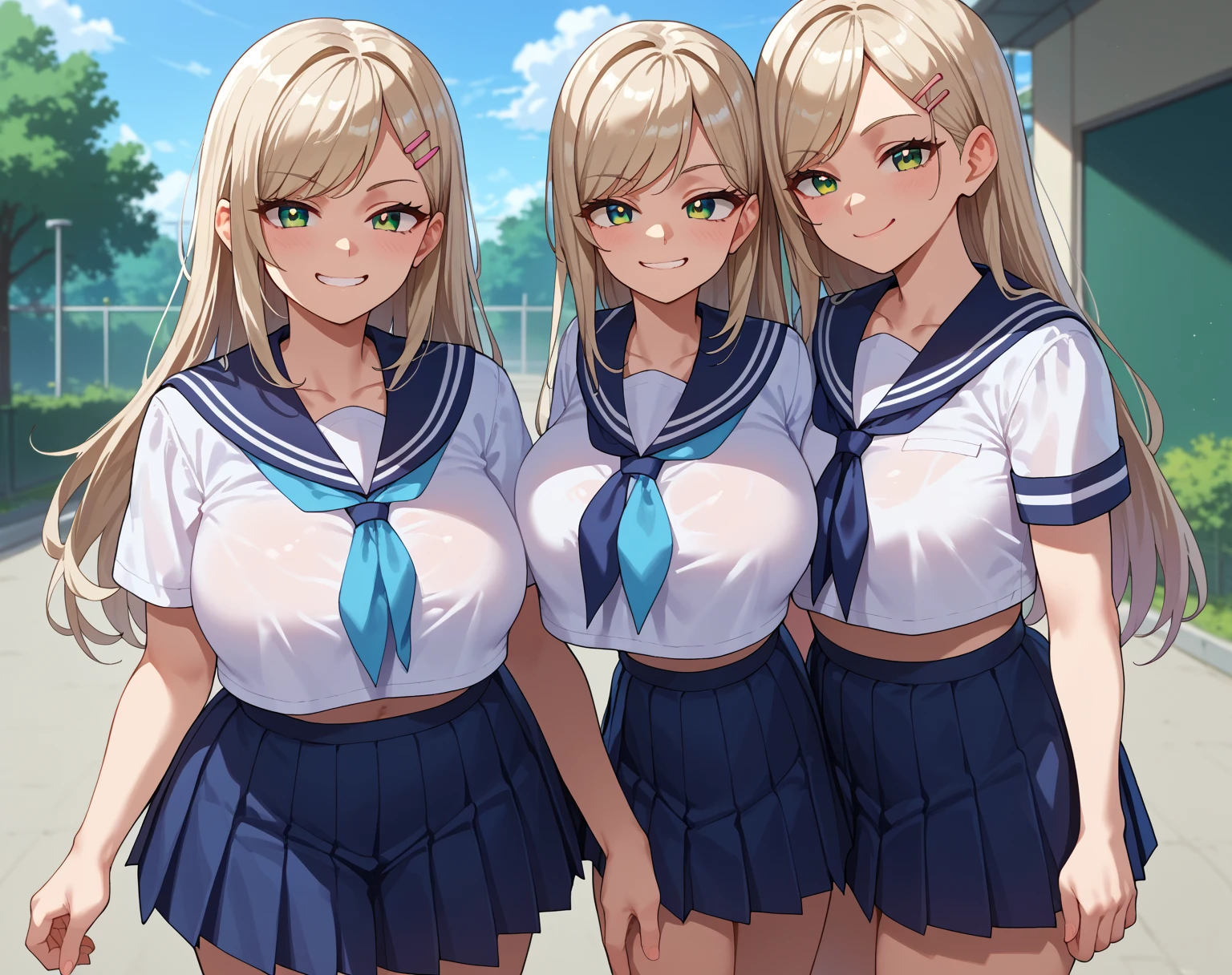 {{score_9, score_8_up, score_7_up, score_6_up, score_5_up, score_4_up, source_anime}} outdoors, school, 2girls, cowboy shot, looking at viewer, platinum blonde hair, swept bangs, long hair, pink hairclip, green eyes, large breasts, serafuku, sailor shirt, blue neckerchief, pleated skirt, smug,