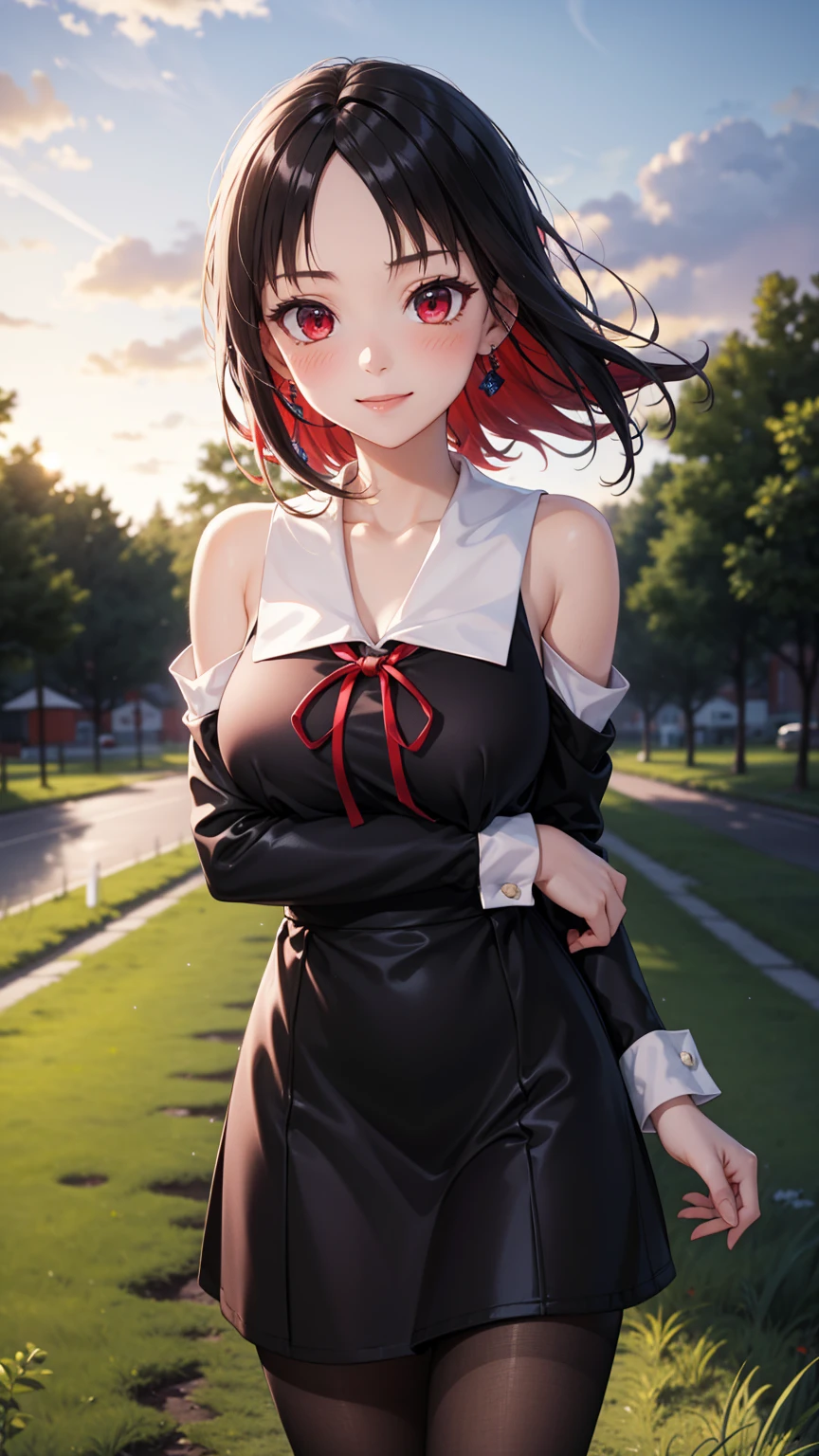  masterpiece , ultra detail,  lyrics, 8k pixels, blush, bright eyes, standing, outdoors, smile, (Evening:1.5),  slim body,   narrow waist ,  Large breasts ,your bramble, long hair,  black hair, red eyes,  bare shoulder , red sweater dress , pantyhose, earrings (Kaguya Shinomiya) (Bow in the hair) ((muy escotada)) ((enfocate en los pechos)) ((pechos descubiertos))