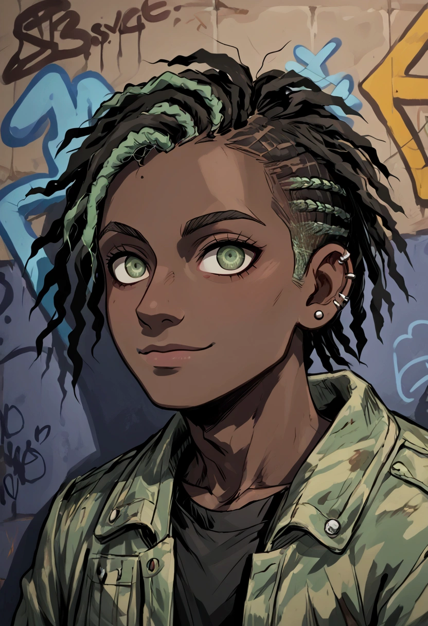  
(foco frontal), (8k, 4k, intricate),(closeup-shot:1), (highly detailed:1.2),(((detailed background:1.2,graffiti walls, apocalyptic alleyway)))teal green eyes, dark skinned pretty boy with ear piercings standing for a photo, he wears an green jacket with yellow fur-collar, dark brown shirt, Killmonger hairstyle, faded haircut, short dreadlocks{{light green highlights}}}, detailed character portrait, portrait of a athletic male character, colored sketch, demon slayer rui fanart, unrealistic character concept , apocalyptic desert, apocalyptic background, night time), Masterpiece, best quality, {best quality}, {{masterpiece}}, {highres}, focus, anime style, baggy eyes,, smiling,, African-American model,, colored sketch, fanart, digital art from danganronpa, drawn in the style of mark arian, androgynous black boy who looks like Lucio, stylized portrait, solo portrait 🎨🖌️, a character portrait