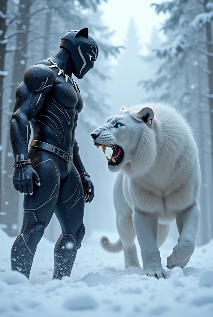 The imposing superhero Black Panther faces off against a fierce, majestic panther.. Both figures exude raw power as they prepare for a fusion, Surrounded by whirlwinds, mystical energies in a Wakandan setting. The anticipation of their merger is palpable. A blue aura that begins to intertwine.