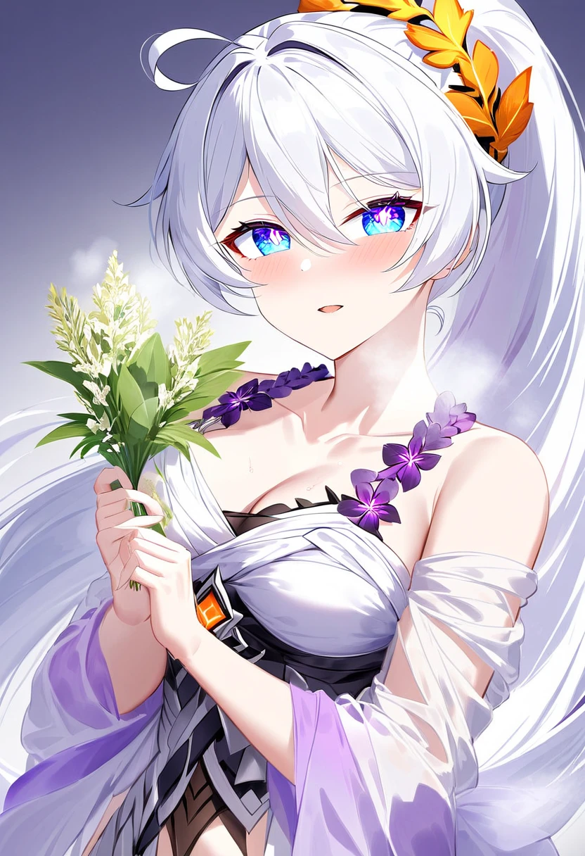 score_9, score_8_up, score_7_up, masterpiece, best quality, absurdres, vibrant, highly detailed, 1girl, adult grown woman, kiana kaslana \(honkai impact 3rd\), herrscher of finality, white hair, ahoge, ponytail, very long hair, blue eyes, symbol-shaped pupils, blush, heavy breathing, elegant draped toga, (ancient Greek style:1.4), golden laurel crown, holding flower, holding, flower