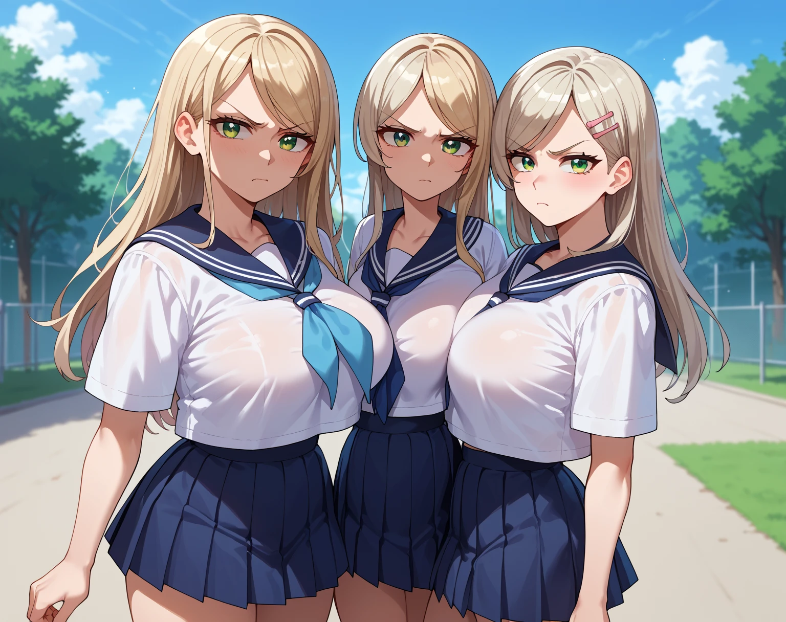 {{score_9, score_8_up, score_7_up, score_6_up, score_5_up, score_4_up, source_anime}} outdoors, school, 2girls, cowboy shot, looking at viewer, platinum blonde hair, swept bangs, long hair, pink hairclip, green eyes, large breasts, serafuku, sailor shirt, blue neckerchief, pleated skirt, annoyed,