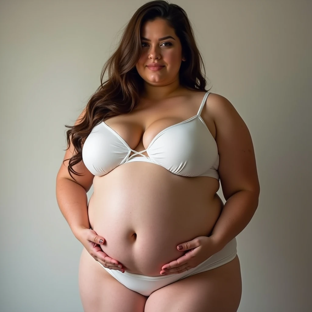 Slightly chubby pregnant Latina, thick hips, huge fat juicy butt, huge pregnant belly, wearing tight tank top and flowing beige Bohemia pants, biting bottom lip, light makeup, hands on hips