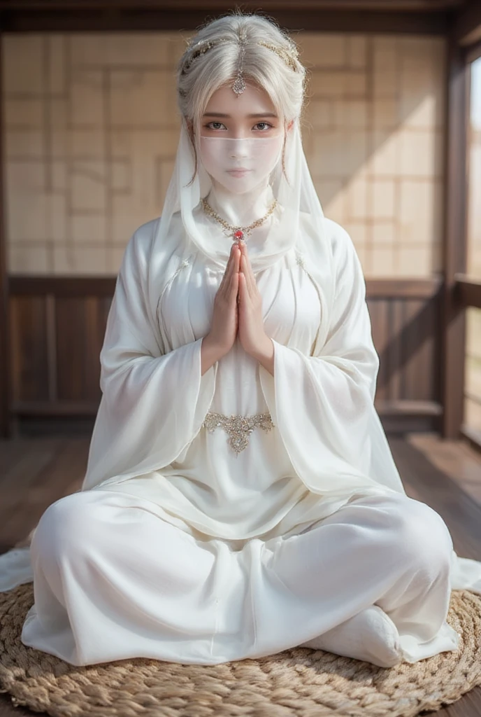 (1 female Bodhisattva: 1.4) sitting on round straw mat, (Indian style: 1.3), sitting on round straw mat, (round straw mat: 1.3), (meditation pose: 1.3), (raising hands, crossed hands , Prayer posture: 1.3), dignified and beautiful, wearing (white silk Buddha clothes: 1.3), (white silk: 1.3), having (white hair: 1.2), (good: 1.2), French braid, white transparent veil, futon , close your eyes, jewelry, necklace, (prayer beads:1.2), (white cloth shoes), white socks, (go to love:1.2) (((veil)))girl，mask，chain，face chain，veil
