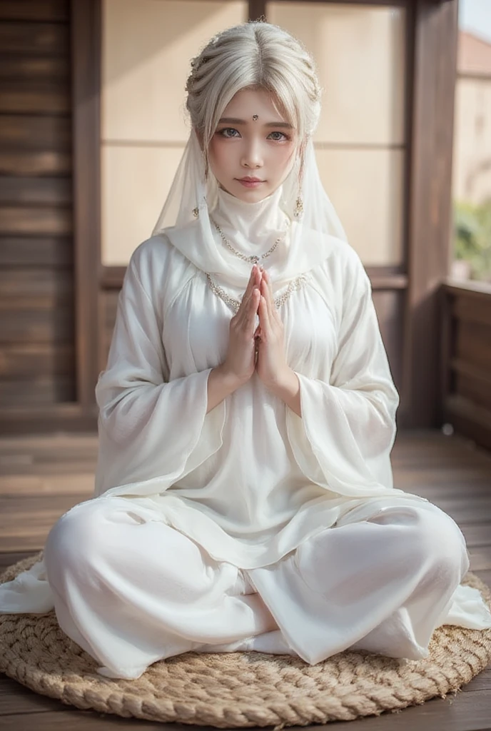 (1 female Bodhisattva: 1.4) sitting on round straw mat, (Indian style: 1.3), sitting on round straw mat, (round straw mat: 1.3), (meditation pose: 1.3), (raising hands, crossed hands , Prayer posture: 1.3), dignified and beautiful, wearing (white silk Buddha clothes: 1.3), (white silk: 1.3), having (white hair: 1.2), (good: 1.2), French braid, white transparent veil, futon , close your eyes, jewelry, necklace, (prayer beads:1.2), (white cloth shoes), white socks, (go to love:1.2) (((veil)))girl，mask，chain，face chain，veil
